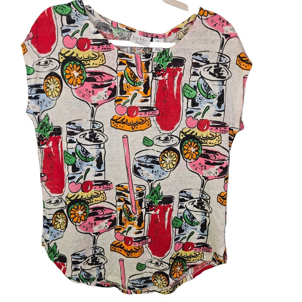 Nicole Miller Cocktail Print Top Women's M Multicolor Linen Cap Sleeve Beach vac